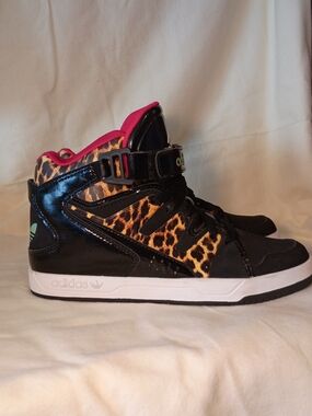 Adidas High Top Sneakers with Leopard Print and Hot Pink Trim